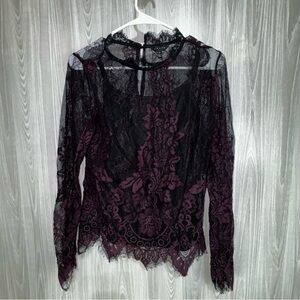 Floral Lace High Neck‎ Sheer Mesh Long Slve Blouse A Diva Size M Scalloped Hem